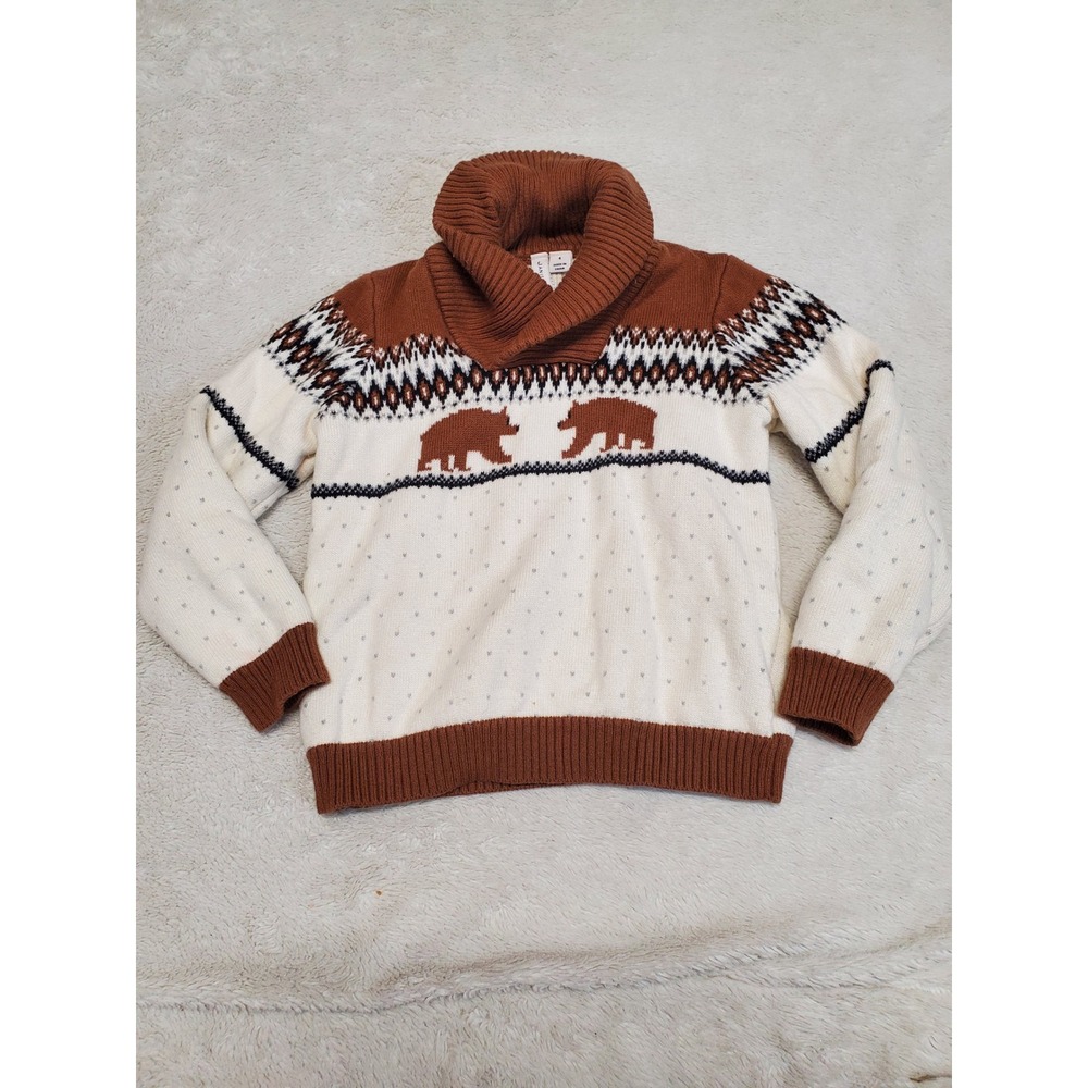 Janie and Jack Antique White Brown Bear Fair Isle‎ Knit Shawl Collar Sweater 4